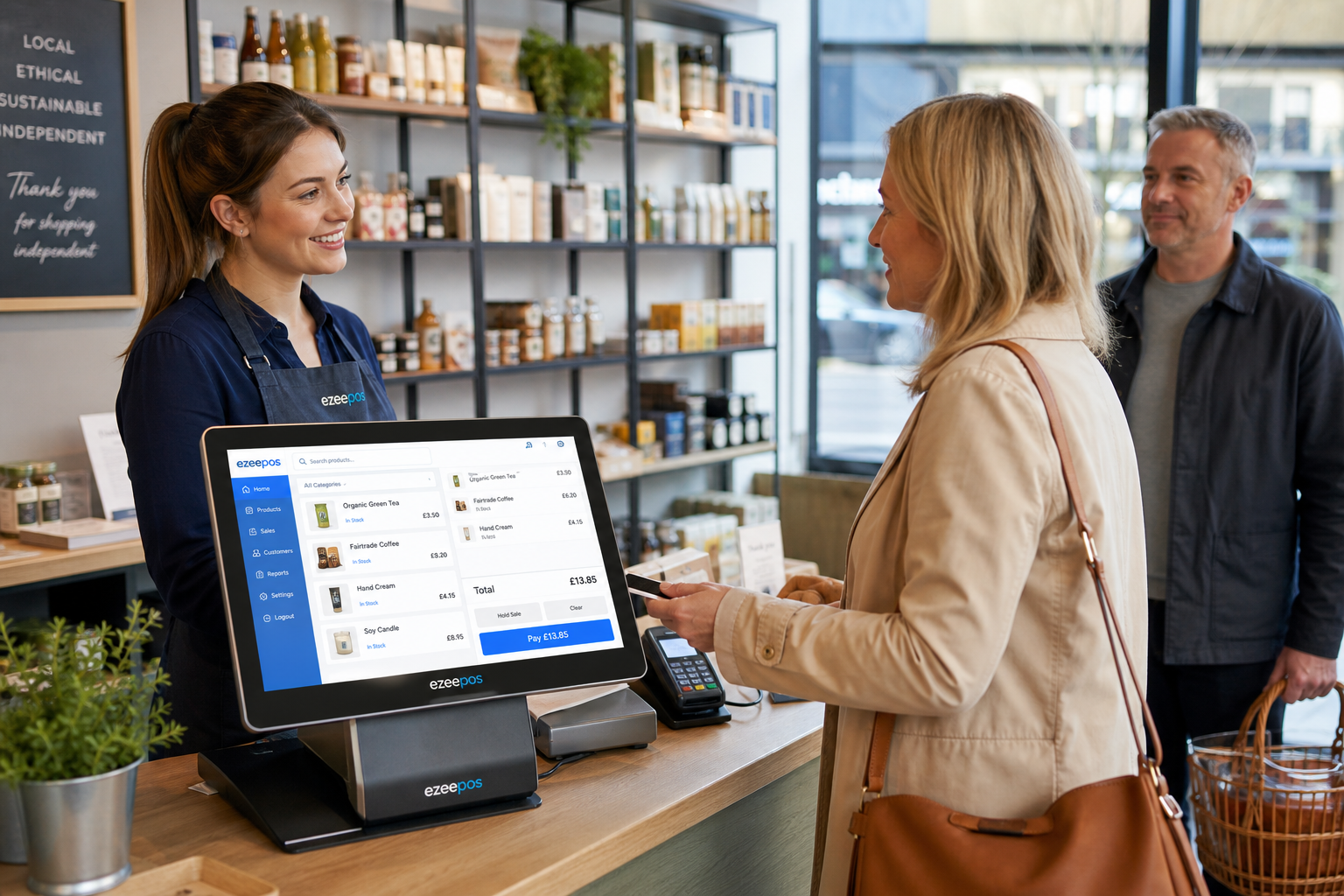 How eZeePOS Helps Independent Shops Reduce Checkout Delays - A realistic photorealistic marketing image in a modern UK independent retail shop, showing a friendly staff member serving a customer at a clean touchscreen till with a clear product lookup screen and a tidy counter, while another customer waits briefly but calmly in the background; the POS interface should feature subtle blue brand accents and visible checkout workflow elements that suggest faster item lookup and smoother service, with shelves of everyday retail products behind the counter, natural window lighting, shallow depth of field, premium commercial photography style, warm and professional mood, realistic details, ezeepos-style retail technology as the focus, suitable as a WordPress featured image for a blog about reducing checkout delays.