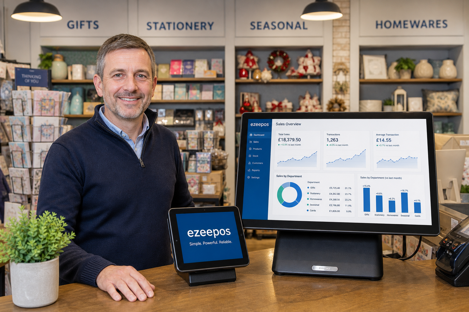 Why Reporting Matters in Multi-Department Retail Shops, a photorealistic commercial photography style featured image for a UK multi-department retail shop showing a friendly shop owner standing beside a modern touchscreen EPOS terminal and tablet displaying clear sales dashboard charts by department, with neatly arranged retail sections in the background such as gifts, stationery, seasonal items and homewares, warm natural lighting, shallow depth of field, subtle blue brand accents on the screen interface and signage, clean counter area, professional modern British retail environment, realistic customer service atmosphere, premium but believable composition, the technology and reporting screen as the clear focal point, suitable for an ezeepos blog hero image