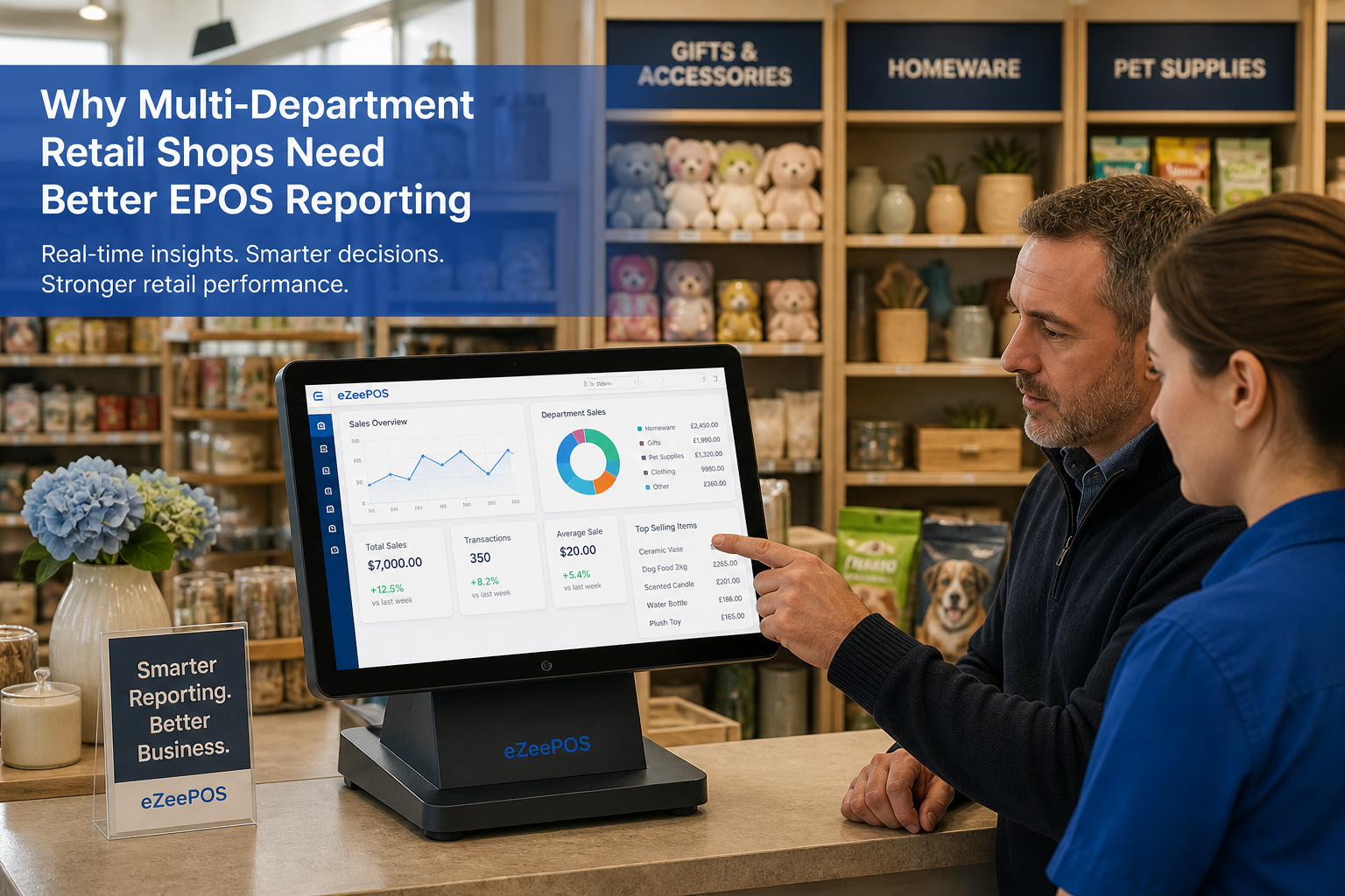 Why Multi-Department Retail Shops Need Better EPOS Reporting realistic photorealistic commercial photography of a UK multi-department retail shop counter with a modern eZeePOS-style touchscreen terminal clearly displaying sales charts and department breakdowns on a clean blue-accented dashboard, a shop owner reviewing the screen with a staff member nearby, products from several departments visible in the background such as gifts, homeware and pet supplies, warm natural lighting, shallow depth of field, premium but realistic composition, clean counter area, subtle blue brand accents on the interface and signage, professional blog hero image style for a UK EPOS website, focused on reporting and management decisions rather than generic scenery