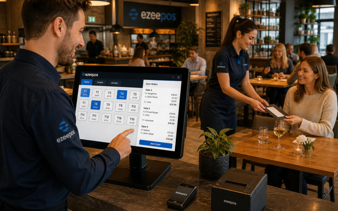 Table Service Made Simpler: How EPOS Helps Restaurants Stay Organised, photorealistic commercial photography style featuring a modern UK restaurant during a busy but calm service, with a friendly waiter using a sleek touchscreen EPOS terminal at a clean counter while table numbers and open orders are visible on the screen, a customer at a nearby table receiving their bill, subtle blue brand accents in the interface and uniforms, warm natural lighting, shallow depth of field, premium realistic composition, clean counter area, a professional hospitality setting that clearly shows how EPOS helps keep table service organised, improve order flow and make payments smoother, suitable as a WordPress featured image for ezeepos.