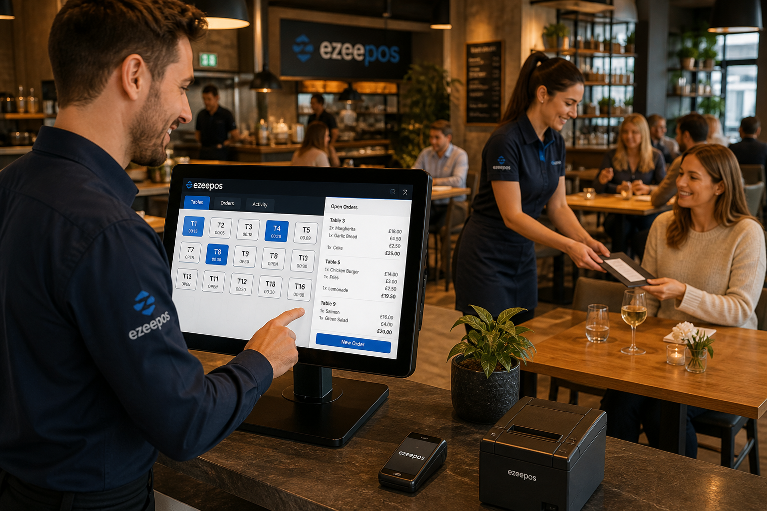 Table Service Made Simpler: How EPOS Helps Restaurants Stay Organised, photorealistic commercial photography style featuring a modern UK restaurant during a busy but calm service, with a friendly waiter using a sleek touchscreen EPOS terminal at a clean counter while table numbers and open orders are visible on the screen, a customer at a nearby table receiving their bill, subtle blue brand accents in the interface and uniforms, warm natural lighting, shallow depth of field, premium realistic composition, clean counter area, a professional hospitality setting that clearly shows how EPOS helps keep table service organised, improve order flow and make payments smoother, suitable as a WordPress featured image for ezeepos.
