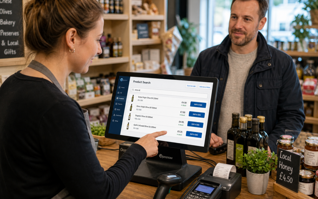How Product Lookup Helps Independent Retailers Serve Customers Faster - A photorealistic commercial photography style image inside a warm, modern UK independent retail shop with a clean counter area, shallow depth of field and natural lighting. A friendly shop assistant is using a touchscreen POS terminal to quickly search for a product while serving a customer, with the POS screen showing a clear product lookup interface and subtle blue brand accents. Nearby are neatly arranged products, a barcode scanner, a tidy receipt area and a realistic retail environment that feels professional and busy but uncluttered. The customer is waiting comfortably at the till, and the scene should clearly communicate faster service, practical EPOS search tools and a smooth checkout experience for independent retailers. Premium yet realistic composition, featured image quality, no exaggerated futurism, no abstract backgrounds, no unreadable signage.