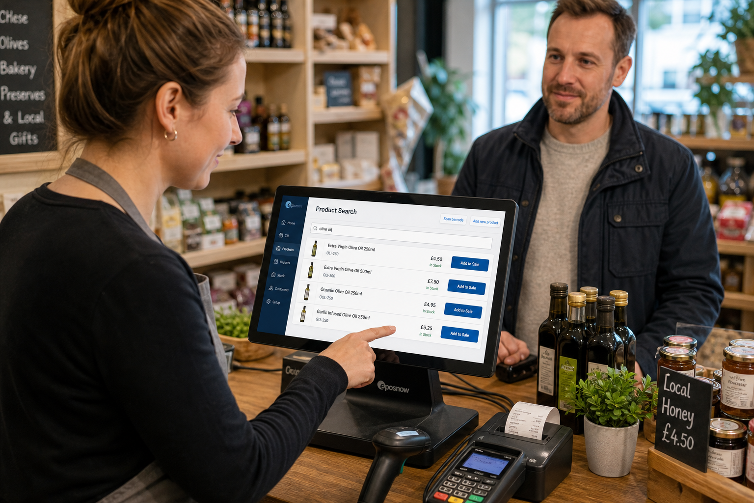 How Product Lookup Helps Independent Retailers Serve Customers Faster - A photorealistic commercial photography style image inside a warm, modern UK independent retail shop with a clean counter area, shallow depth of field and natural lighting. A friendly shop assistant is using a touchscreen POS terminal to quickly search for a product while serving a customer, with the POS screen showing a clear product lookup interface and subtle blue brand accents. Nearby are neatly arranged products, a barcode scanner, a tidy receipt area and a realistic retail environment that feels professional and busy but uncluttered. The customer is waiting comfortably at the till, and the scene should clearly communicate faster service, practical EPOS search tools and a smooth checkout experience for independent retailers. Premium yet realistic composition, featured image quality, no exaggerated futurism, no abstract backgrounds, no unreadable signage.