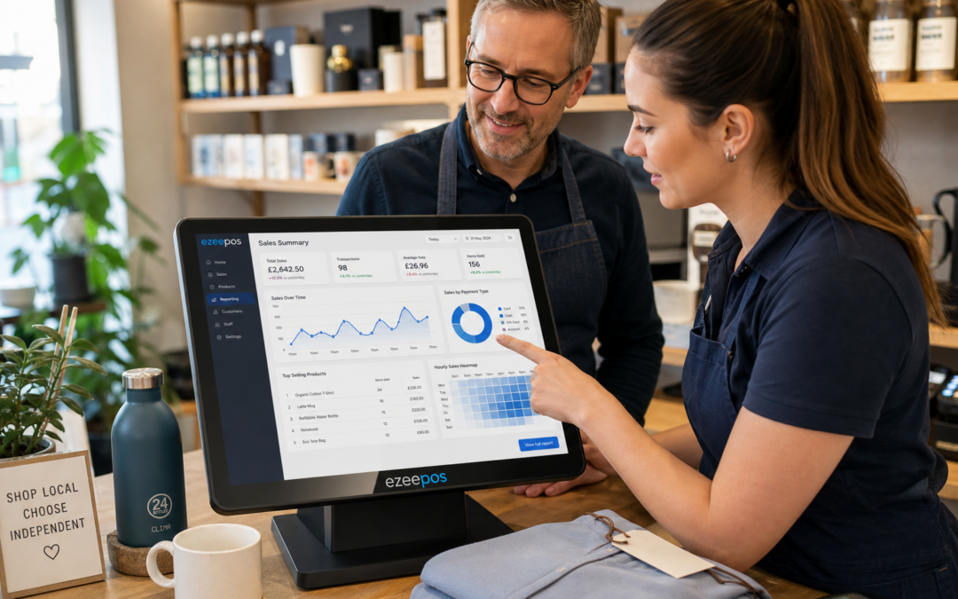 Using EPOS Reporting to Improve Day-to-Day Decisions in Independent Shops - A realistic photorealistic commercial photography style image inside a modern UK independent retail shop, showing a shop owner and staff member reviewing EPOS sales reporting dashboards on a clean touchscreen POS terminal at the counter, with clear charts and daily sales summaries visible on the screen, subtle blue brand accents in the interface, products neatly displayed nearby, warm natural lighting, shallow depth of field, a tidy professional counter area, and a friendly business-focused mood that feels like a premium website hero image for ezeepos, with the technology as the focal point and the scene clearly reflecting better day-to-day trading decisions in a small retail environment.