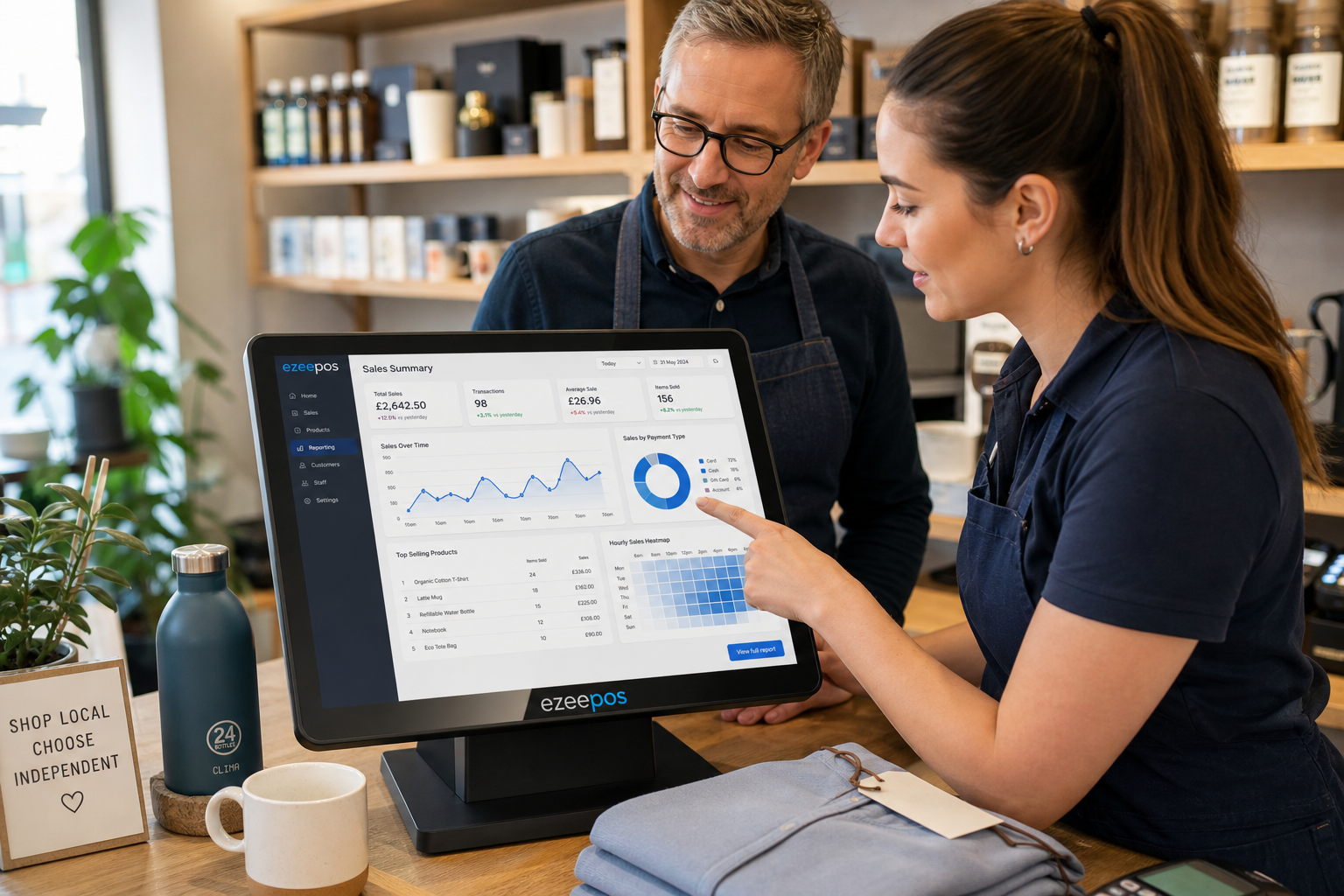 Using EPOS Reporting to Improve Day-to-Day Decisions in Independent Shops - A realistic photorealistic commercial photography style image inside a modern UK independent retail shop, showing a shop owner and staff member reviewing EPOS sales reporting dashboards on a clean touchscreen POS terminal at the counter, with clear charts and daily sales summaries visible on the screen, subtle blue brand accents in the interface, products neatly displayed nearby, warm natural lighting, shallow depth of field, a tidy professional counter area, and a friendly business-focused mood that feels like a premium website hero image for ezeepos, with the technology as the focal point and the scene clearly reflecting better day-to-day trading decisions in a small retail environment.