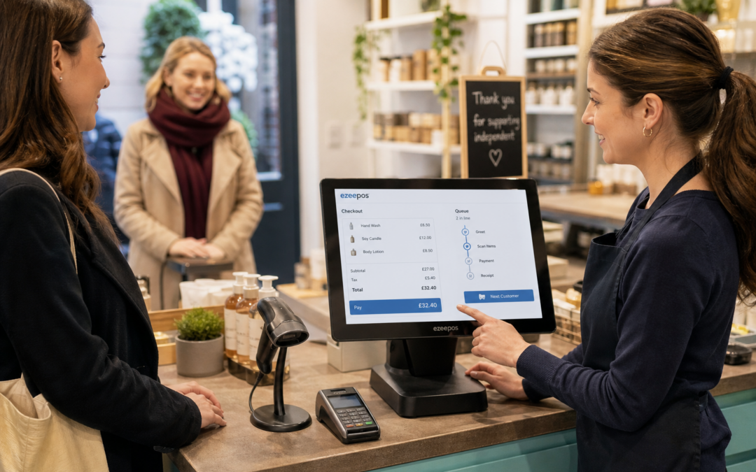 Reducing Queues at the Checkout: Practical EPOS Ideas for Busy UK Shops, photorealistic commercial photography in a modern UK independent retail shop with a clean counter area and a friendly staff member serving a customer at a sleek touchscreen EPOS terminal, a barcode scanner nearby, a small card terminal and tidy product displays visible, the till screen showing a simple checkout layout and queue management flow with subtle blue brand accents, a second customer waiting calmly in the background, warm natural lighting, shallow depth of field, premium but realistic composition, professional website blog hero image style for ezeepos, clear focus on checkout speed, organised service and a practical retail environment, no exaggerated branding, no clutter, no abstract tech background