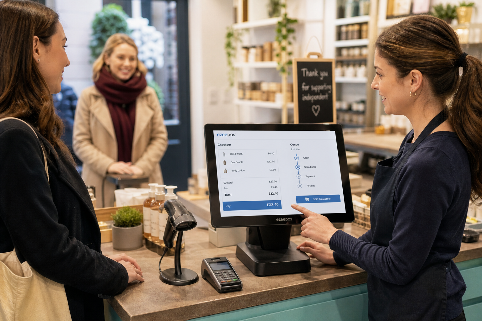 Reducing Queues at the Checkout: Practical EPOS Ideas for Busy UK Shops, photorealistic commercial photography in a modern UK independent retail shop with a clean counter area and a friendly staff member serving a customer at a sleek touchscreen EPOS terminal, a barcode scanner nearby, a small card terminal and tidy product displays visible, the till screen showing a simple checkout layout and queue management flow with subtle blue brand accents, a second customer waiting calmly in the background, warm natural lighting, shallow depth of field, premium but realistic composition, professional website blog hero image style for ezeepos, clear focus on checkout speed, organised service and a practical retail environment, no exaggerated branding, no clutter, no abstract tech background