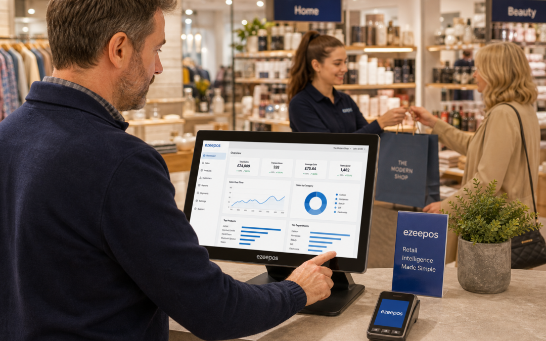 How Better Reporting Helps Multi-Department Retail Shops Make Smarter Decisions, photorealistic commercial photography style, a warm modern UK multi-department retail shop with a clean counter area and a smart touchscreen EPOS system showing sales dashboards and category performance charts, a shop owner reviewing reports on the screen while a staff member serves a customer in the background, subtle blue brand accents in the interface and signage, products from different departments neatly displayed around the counter, natural lighting, shallow depth of field, premium but realistic composition, professional website hero image for ezeepos, technology clearly visible and central to the scene, realistic retail environment, no clutter, no exaggerated graphics