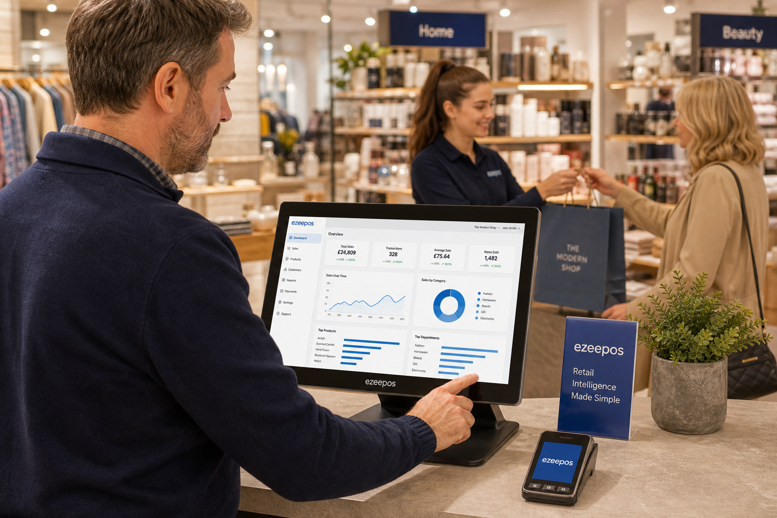 How Better Reporting Helps Multi-Department Retail Shops Make Smarter Decisions, photorealistic commercial photography style, a warm modern UK multi-department retail shop with a clean counter area and a smart touchscreen EPOS system showing sales dashboards and category performance charts, a shop owner reviewing reports on the screen while a staff member serves a customer in the background, subtle blue brand accents in the interface and signage, products from different departments neatly displayed around the counter, natural lighting, shallow depth of field, premium but realistic composition, professional website hero image for ezeepos, technology clearly visible and central to the scene, realistic retail environment, no clutter, no exaggerated graphics