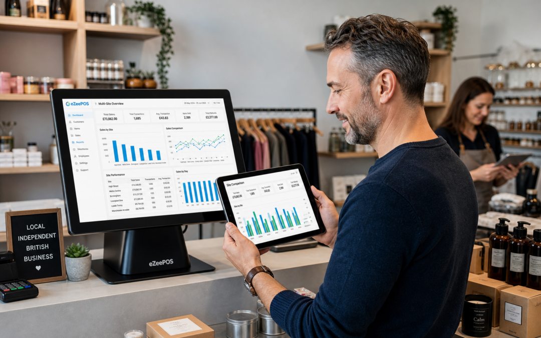 Why Multi-Site Reporting Matters for Growing UK Retail Chains, photorealistic commercial photography style image of a modern UK independent retail business owner reviewing multi-site sales dashboards on an eZeePOS touchscreen POS terminal and tablet at a clean shop counter, with a second branch manager in the background and subtle blue interface accents showing charts, site comparisons and daily totals, realistic retail products displayed neatly around the counter, warm natural lighting, shallow depth of field, premium but believable business environment, professional cheerful mood, technology as the clear focus, suitable as a WordPress featured image for an EPOS blog article about comparing branch performance and making better decisions across multiple retail locations