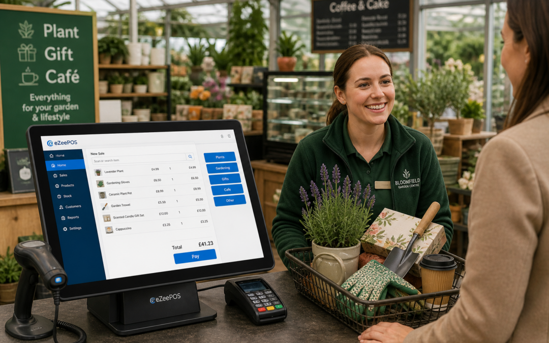 Why Garden Centres Need EPOS That Handles Plant, Gift and Cafe Sales Clearly, realistic photorealistic marketing-style blog hero image in a modern UK garden centre with a clean checkout counter showing a touchscreen EPOS terminal as the focal point, a barcode scanner and card terminal nearby, and a staff member serving a customer with a mixed basket of plants, gardening items, gifts and a coffee in the background; warm natural lighting, shallow depth of field, premium but realistic composition, subtle blue brand accents on the screen interface, tidy retail counter with plants and giftware visible, friendly professional atmosphere, suitable for a WordPress featured image for eZeePOS, emphasising how EPOS helps manage plant, gift and cafe sales clearly across a busy garden centre environment.