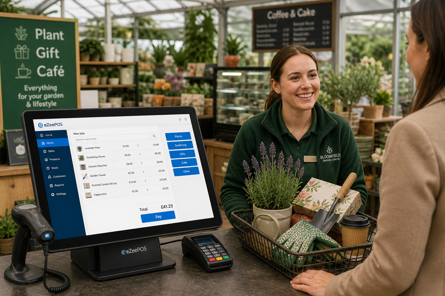 Why Garden Centres Need EPOS That Handles Plant, Gift and Cafe Sales Clearly, realistic photorealistic marketing-style blog hero image in a modern UK garden centre with a clean checkout counter showing a touchscreen EPOS terminal as the focal point, a barcode scanner and card terminal nearby, and a staff member serving a customer with a mixed basket of plants, gardening items, gifts and a coffee in the background; warm natural lighting, shallow depth of field, premium but realistic composition, subtle blue brand accents on the screen interface, tidy retail counter with plants and giftware visible, friendly professional atmosphere, suitable for a WordPress featured image for eZeePOS, emphasising how EPOS helps manage plant, gift and cafe sales clearly across a busy garden centre environment.