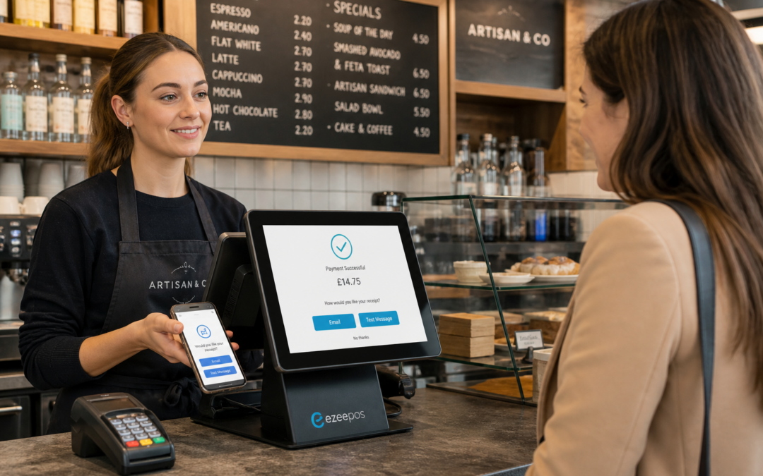 Why Digital Receipts Make EPOS Simpler for UK Retail and Hospitality Businesses, photorealistic commercial photography style of a modern UK cafe or independent retail counter with a warm, natural light scene, a friendly staff member using a sleek touchscreen POS terminal while offering a customer the choice of a digital receipt on a smartphone, the POS screen showing a clean receipt confirmation interface with subtle blue brand accents, a card reader nearby, tidy counter area, shallow depth of field, premium but realistic composition, customer focused and professional, subtle business signage in the background, realistic UK high street atmosphere, ideal for a WordPress featured image for ezeepos, technology clearly the focus, no clutter, no illustration style.