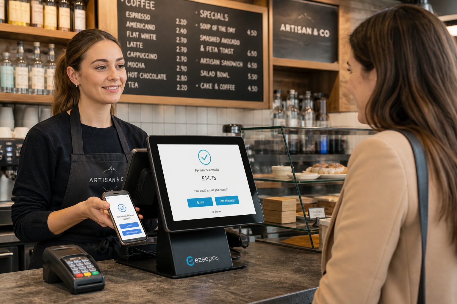 Why Digital Receipts Make EPOS Simpler for UK Retail and Hospitality Businesses, photorealistic commercial photography style of a modern UK cafe or independent retail counter with a warm, natural light scene, a friendly staff member using a sleek touchscreen POS terminal while offering a customer the choice of a digital receipt on a smartphone, the POS screen showing a clean receipt confirmation interface with subtle blue brand accents, a card reader nearby, tidy counter area, shallow depth of field, premium but realistic composition, customer focused and professional, subtle business signage in the background, realistic UK high street atmosphere, ideal for a WordPress featured image for ezeepos, technology clearly the focus, no clutter, no illustration style.