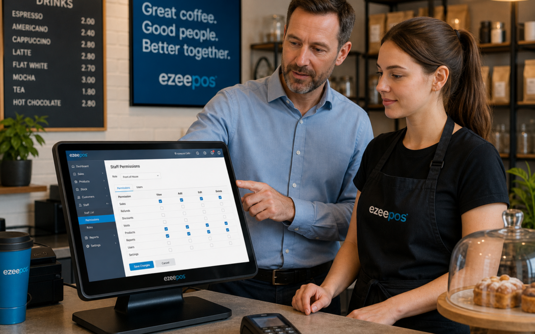 Why Staff Permissions Matter in Retail and Hospitality EPOS Systems. Photorealistic commercial photography style image showing a modern UK cafe or independent shop counter with a touchscreen EPOS terminal displaying role-based access settings, a manager standing beside a front-of-house staff member and calmly reviewing user permissions on the till screen while the counter remains tidy and professional, subtle blue brand accents on the interface and signage, warm natural lighting, shallow depth of field, premium but realistic composition, clean counter area, friendly business atmosphere, realistic EPOS software visible without overcrowding the screen, suitable as a WordPress featured image for an ezeepos blog post about how staff permissions help reduce mistakes, improve control and support smoother daily operations.