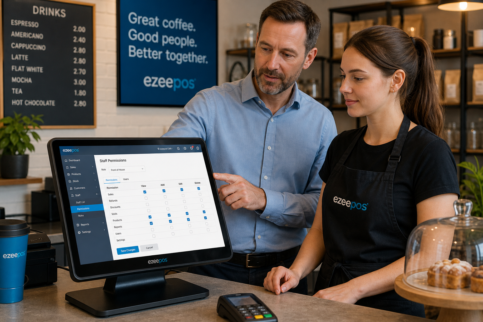 Why Staff Permissions Matter in Retail and Hospitality EPOS Systems. Photorealistic commercial photography style image showing a modern UK cafe or independent shop counter with a touchscreen EPOS terminal displaying role-based access settings, a manager standing beside a front-of-house staff member and calmly reviewing user permissions on the till screen while the counter remains tidy and professional, subtle blue brand accents on the interface and signage, warm natural lighting, shallow depth of field, premium but realistic composition, clean counter area, friendly business atmosphere, realistic EPOS software visible without overcrowding the screen, suitable as a WordPress featured image for an ezeepos blog post about how staff permissions help reduce mistakes, improve control and support smoother daily operations.
