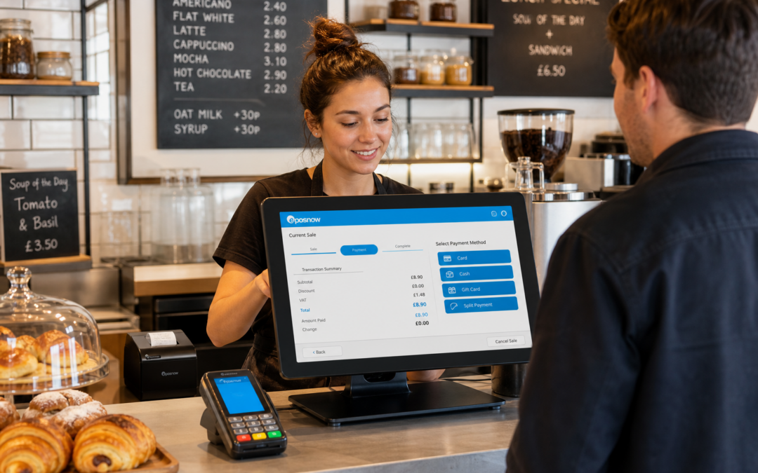 Reducing Manual Payment Entry at the Till: A Smarter Way to Save Time - Photorealistic commercial photography style image of a modern UK café counter during a busy lunchtime service, with a friendly staff member using a sleek touchscreen EPOS terminal to process a sale while a customer waits nearby, the screen showing a clear payment workflow with blue brand accents and a simple transaction summary, a compact card terminal positioned neatly beside the till, clean counter area, subtle receipt printer in the background, natural warm lighting, shallow depth of field, premium but realistic composition, professional British hospitality environment, the technology clearly the focus of the image, suitable as a WordPress featured image for a blog about reducing manual payment entry and improving checkout efficiency.