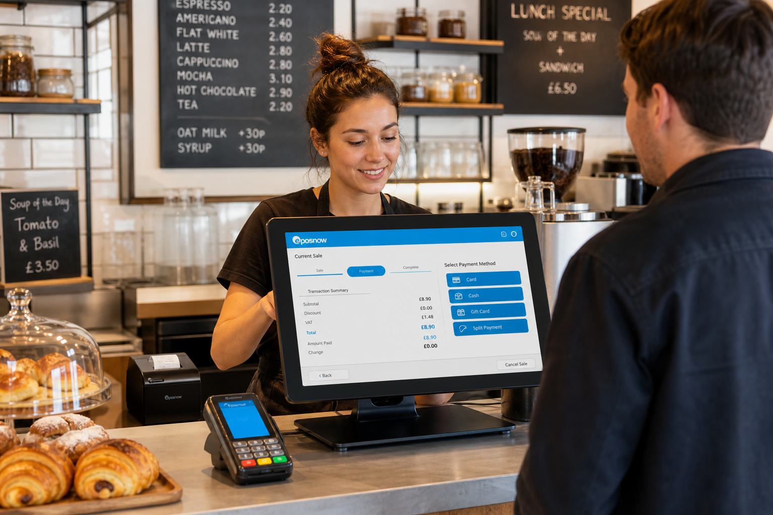 Reducing Manual Payment Entry at the Till: A Smarter Way to Save Time - Photorealistic commercial photography style image of a modern UK café counter during a busy lunchtime service, with a friendly staff member using a sleek touchscreen EPOS terminal to process a sale while a customer waits nearby, the screen showing a clear payment workflow with blue brand accents and a simple transaction summary, a compact card terminal positioned neatly beside the till, clean counter area, subtle receipt printer in the background, natural warm lighting, shallow depth of field, premium but realistic composition, professional British hospitality environment, the technology clearly the focus of the image, suitable as a WordPress featured image for a blog about reducing manual payment entry and improving checkout efficiency.