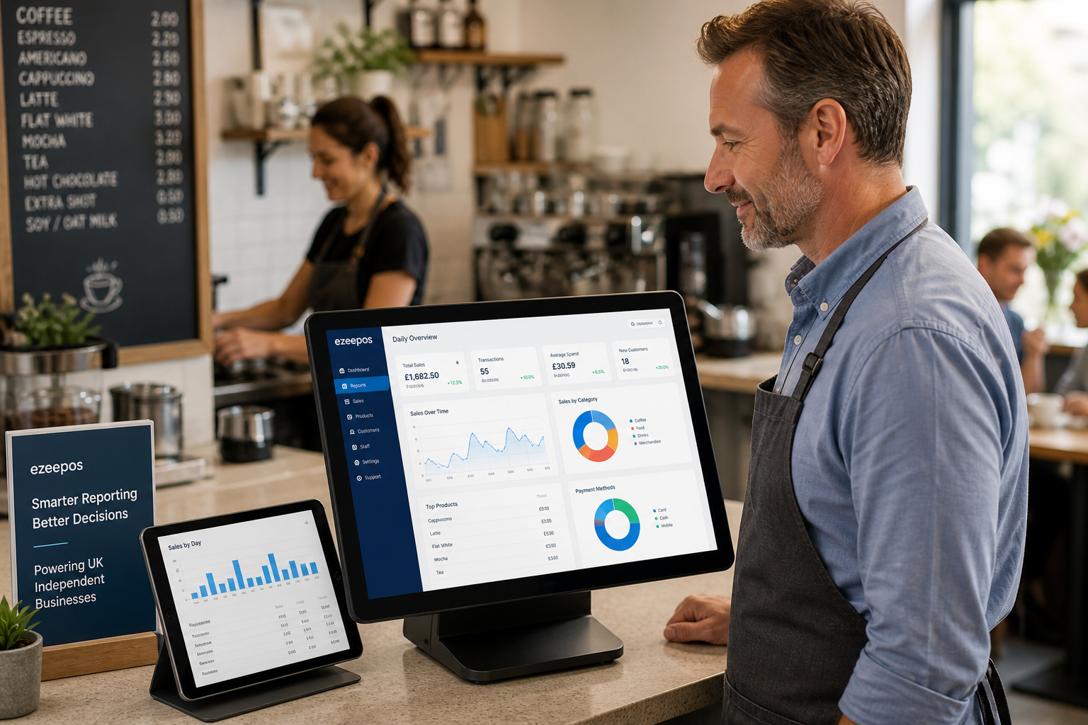 How Better Reporting Helps Small Businesses Make Smarter Decisions, a photorealistic commercial photography style image of a UK independent cafe owner standing beside a modern touchscreen EPOS terminal and tablet on a clean counter, reviewing colourful sales charts and daily performance reports on the screen while a barista serves customers in the softly blurred background, warm natural lighting, shallow depth of field, premium but realistic composition, subtle blue brand accents on the interface and small signage, professional modern UK hospitality environment, the reporting dashboard and touchscreen POS technology should be the clear focal point, suitable as a WordPress featured image for ezeepos.