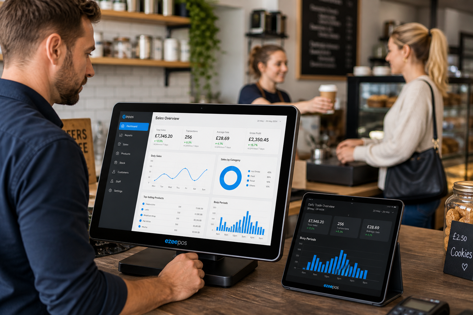How EPOS Reporting Helps UK Businesses Make Better Decisions: a realistic UK café or independent retail counter with a business owner reviewing sales reports and dashboard charts on a modern touchscreen POS terminal, with a tablet nearby showing clear daily trade graphs and busy period data, staff serving customers in the softly blurred background, warm natural lighting, shallow depth of field, clean counter area, subtle blue interface accents on the screen, professional commercial photography style, premium but realistic composition, technology clearly the focus, suitable as a WordPress featured image for ezeepos, showing a practical and trustworthy EPOS reporting scene in a modern UK business environment.