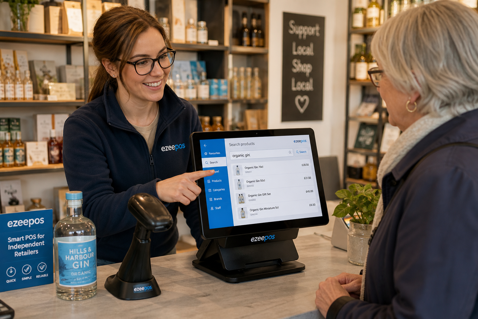 How Product Lookup Helps Independent Retailers Serve Customers Faster - Photorealistic commercial photography style of a busy UK independent retail shop counter where a friendly staff member is using a modern touchscreen EPOS system with a clear product search screen to quickly find an item for a customer, with a barcode scanner, tidy counter, small display products and subtle blue brand accents visible on the interface and signage, warm natural lighting, shallow depth of field, premium but realistic composition, professional marketing hero image for ezeepos, technology clearly in focus, clean modern retail environment, genuine customer interaction, realistic British shop setting, no clutter, no abstract background, no cartoon style.