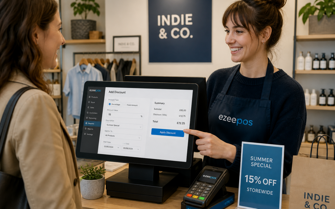 Promotions and Discounts in EPOS: A Smarter Way to Manage Offers at the Till showing a realistic UK retail counter in a modern independent shop with a touchscreen EPOS till displaying a clear discount screen, a staff member applying a promotion for a customer, product labels and a tidy checkout area, subtle blue brand accents on the interface and accessories, warm natural lighting, shallow depth of field, photorealistic commercial photography style, premium but realistic composition, friendly customer interaction, professional ecommerce-free retail environment, clean counter space, the EPOS screen and offer management workflow clearly visible as the focus of the image, suitable for a WordPress featured image for ezeepos