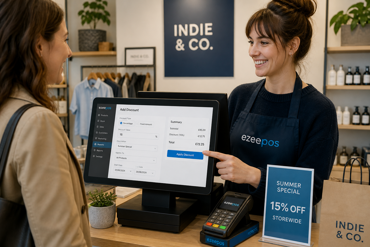 Promotions and Discounts in EPOS: A Smarter Way to Manage Offers at the Till showing a realistic UK retail counter in a modern independent shop with a touchscreen EPOS till displaying a clear discount screen, a staff member applying a promotion for a customer, product labels and a tidy checkout area, subtle blue brand accents on the interface and accessories, warm natural lighting, shallow depth of field, photorealistic commercial photography style, premium but realistic composition, friendly customer interaction, professional ecommerce-free retail environment, clean counter space, the EPOS screen and offer management workflow clearly visible as the focus of the image, suitable for a WordPress featured image for ezeepos