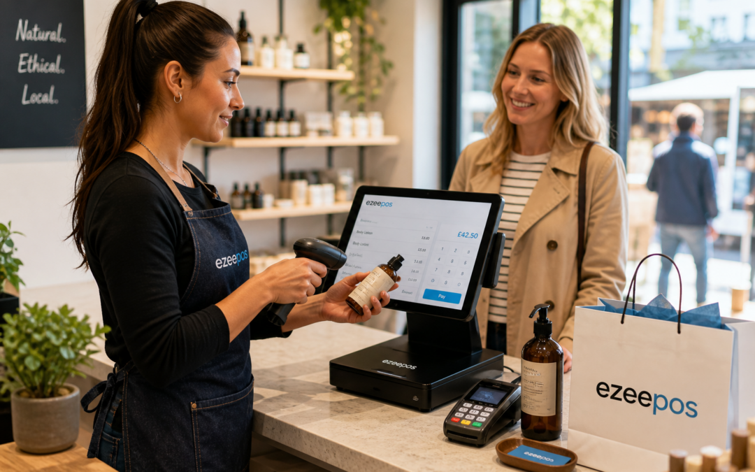 Barcode Scanning for Faster Retail Checkouts, a photorealistic commercial photography style image of a modern UK independent retail shop counter during a busy daytime shift, with a smart touchscreen EPOS terminal and a handheld barcode scanner clearly visible as a staff member scans products for a customer, clean counter area, neatly arranged retail items in the foreground, subtle blue brand accents on the screen interface and small details, warm natural lighting, shallow depth of field, professional and realistic composition, friendly service moment, technology as the clear focus, suitable for a WordPress featured image for ezeepos, premium but believable retail environment, no clutter, no illustration style, no generic stock business scene