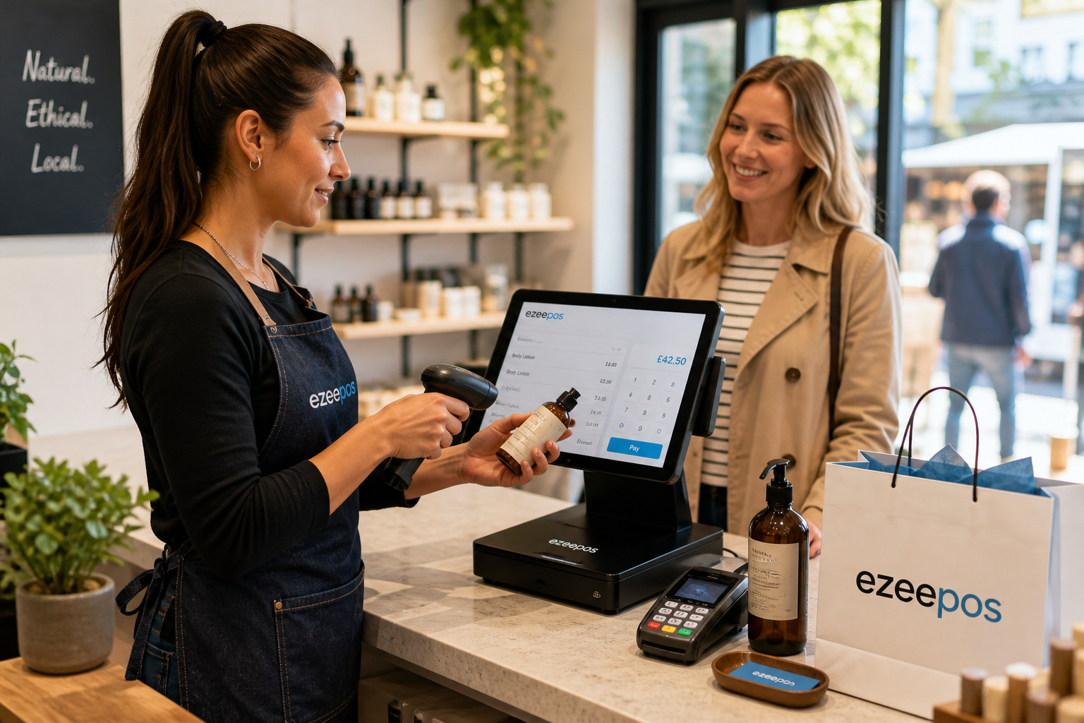 Barcode Scanning for Faster Retail Checkouts, a photorealistic commercial photography style image of a modern UK independent retail shop counter during a busy daytime shift, with a smart touchscreen EPOS terminal and a handheld barcode scanner clearly visible as a staff member scans products for a customer, clean counter area, neatly arranged retail items in the foreground, subtle blue brand accents on the screen interface and small details, warm natural lighting, shallow depth of field, professional and realistic composition, friendly service moment, technology as the clear focus, suitable for a WordPress featured image for ezeepos, premium but believable retail environment, no clutter, no illustration style, no generic stock business scene