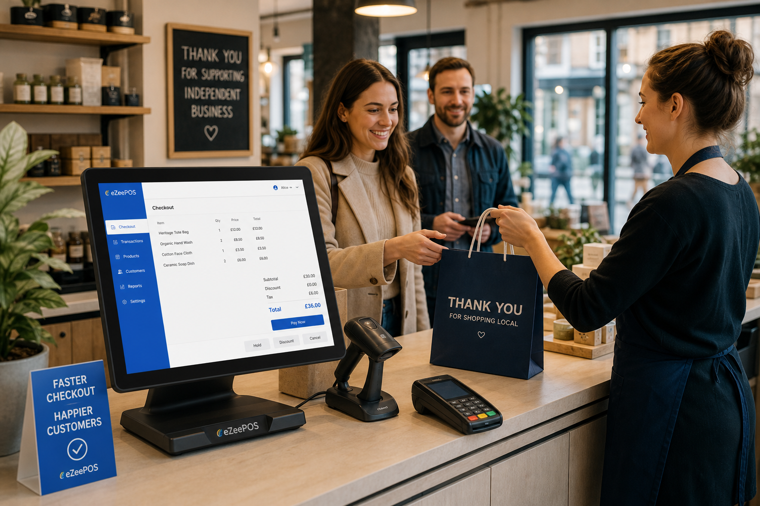 Reducing Queues at the Checkout: Practical EPOS Ideas for Busy UK Shops - Photorealistic commercial photography style featuring a busy UK independent retail shop counter during a peak period, with a clear modern eZeePOS-style touchscreen POS terminal in the foreground showing a simple checkout screen, a staff member confidently serving a customer while another customer waits neatly nearby, tidy counter area with barcode scanner and card terminal beside the till, subtle blue brand accents on the screen interface and nearby signage, warm natural lighting, shallow depth of field, premium but realistic composition, professional UK retail environment, friendly staff interaction, technology as the focus, clean and uncluttered scene that visually communicates faster checkout flow and reduced queues for a WordPress featured image.