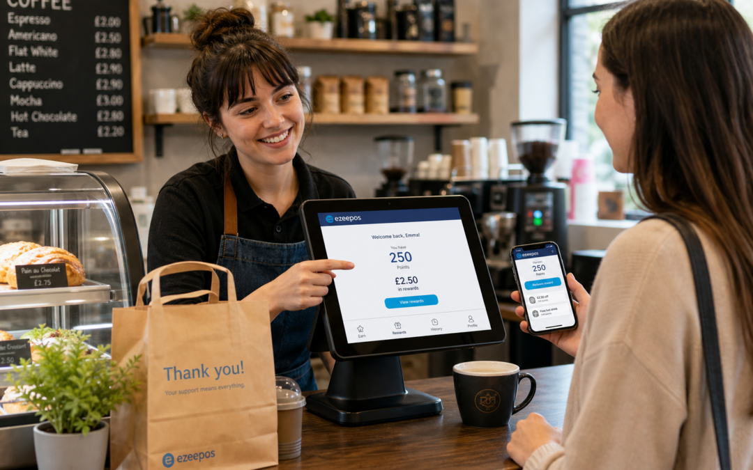 Customer Loyalty Ideas for Independent UK Cafés, Shops and Takeaways, photorealistic commercial photography style showing a warm modern UK café counter with a friendly staff member serving a returning customer while both look at a touchscreen POS terminal displaying a simple loyalty points view interface with subtle blue brand accents, a smartphone in the customer’s hand showing a digital loyalty wallet or rewards screen, coffee cups, a clean counter and a small takeaway bag in the foreground, shallow depth of field, natural daylight, premium but realistic composition, professional blog hero image for ezeepos, technology clearly visible and central to the scene, friendly and practical atmosphere, suitable for a WordPress featured image