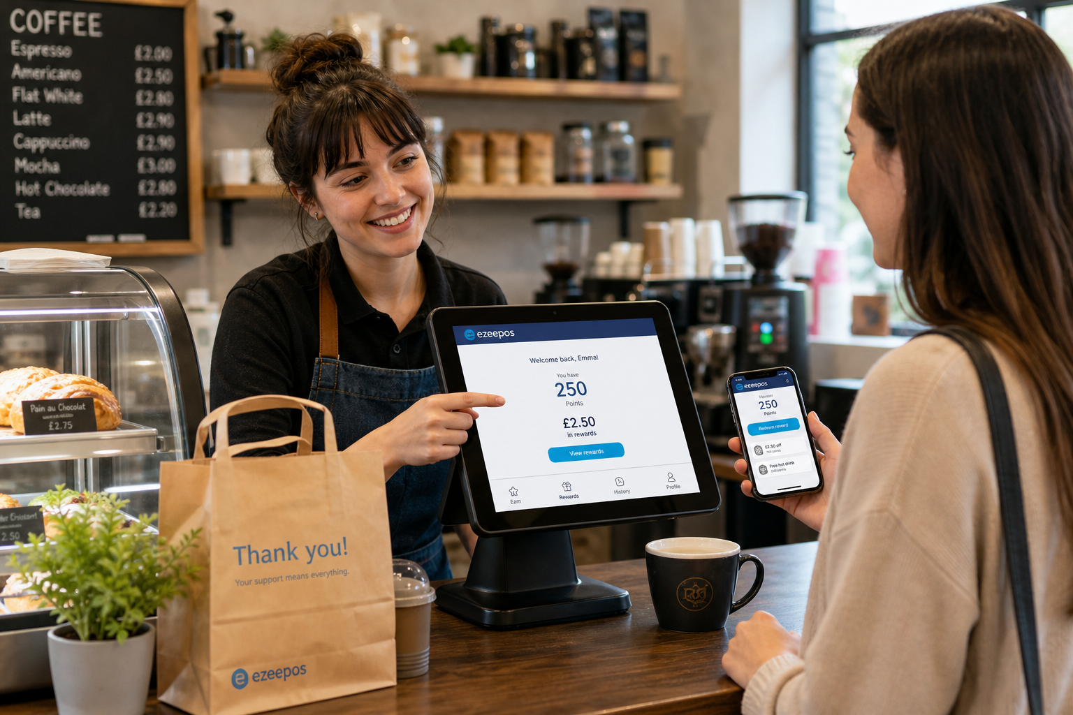 Customer Loyalty Ideas for Independent UK Cafés, Shops and Takeaways, photorealistic commercial photography style showing a warm modern UK café counter with a friendly staff member serving a returning customer while both look at a touchscreen POS terminal displaying a simple loyalty points view interface with subtle blue brand accents, a smartphone in the customer’s hand showing a digital loyalty wallet or rewards screen, coffee cups, a clean counter and a small takeaway bag in the foreground, shallow depth of field, natural daylight, premium but realistic composition, professional blog hero image for ezeepos, technology clearly visible and central to the scene, friendly and practical atmosphere, suitable for a WordPress featured image