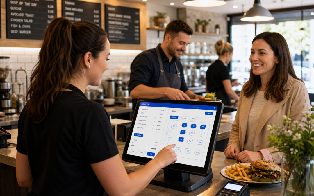 Improving Customer Service During Busy Periods in Cafés and Restaurants, realistic commercial photography in a warm modern UK café-restaurant during a busy lunch service, a friendly staff member using a clear eZeePOS-style touchscreen till at the counter while another team member manages orders in the background, a customer being served calmly and efficiently, the POS screen showing an organised order workflow and subtle blue interface accents, clean counter area, menu boards softly blurred in the background, natural daylight, shallow depth of field, premium but realistic hospitality setting, professional blog hero image for ezeepos, technology and smooth service as the clear focus, photorealistic style, no gimmicks, no exaggerated futuristic elements.