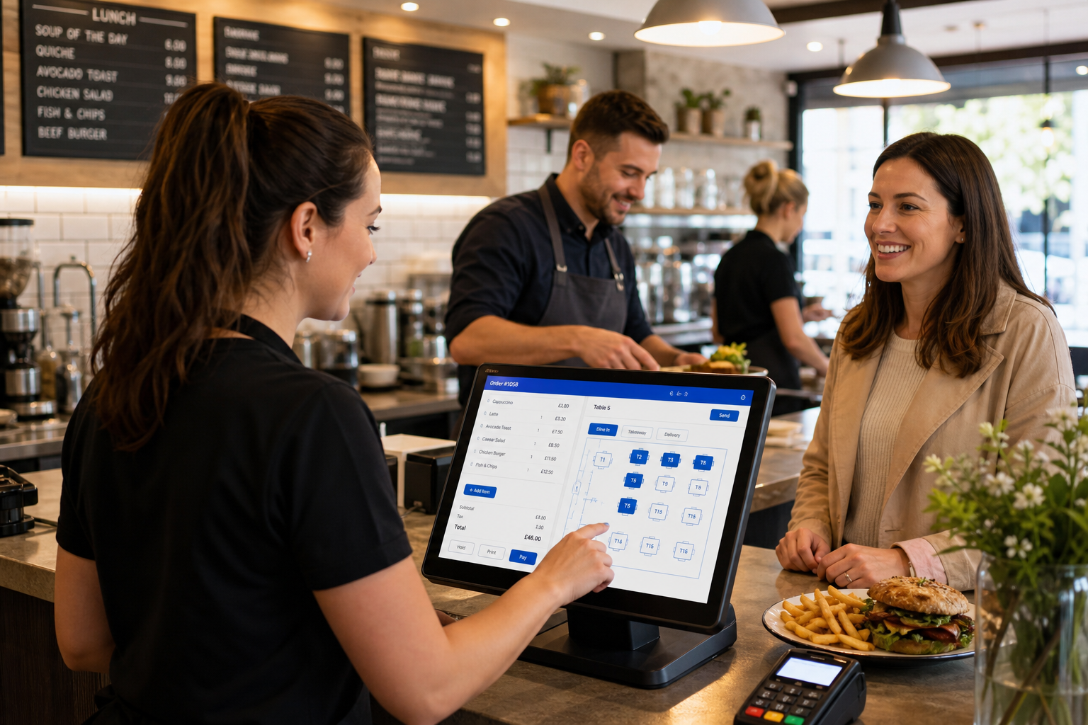 Improving Customer Service During Busy Periods in Cafés and Restaurants, realistic commercial photography in a warm modern UK café-restaurant during a busy lunch service, a friendly staff member using a clear eZeePOS-style touchscreen till at the counter while another team member manages orders in the background, a customer being served calmly and efficiently, the POS screen showing an organised order workflow and subtle blue interface accents, clean counter area, menu boards softly blurred in the background, natural daylight, shallow depth of field, premium but realistic hospitality setting, professional blog hero image for ezeepos, technology and smooth service as the clear focus, photorealistic style, no gimmicks, no exaggerated futuristic elements.