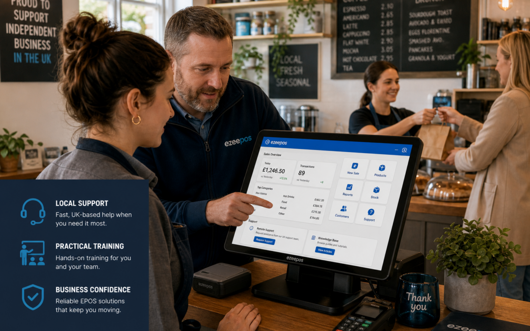 Why Local EPOS Support Still Matters for Independent Retailers and Hospitality Businesses, photorealistic commercial photography in a warm modern UK café or independent shop setting, a friendly EPOS specialist showing a staff member a touchscreen till with a clean blue-accent interface, the screen visible with simple sales and support dashboard elements, a customer in the background being served at the counter, subtle ezeepos-style branding colours in the interface and uniforms, realistic cash counter with tidy setup, natural window light, shallow depth of field, premium but believable composition, professional blog hero image for a UK EPOS website, focus on practical support, training and day-to-day business confidence
