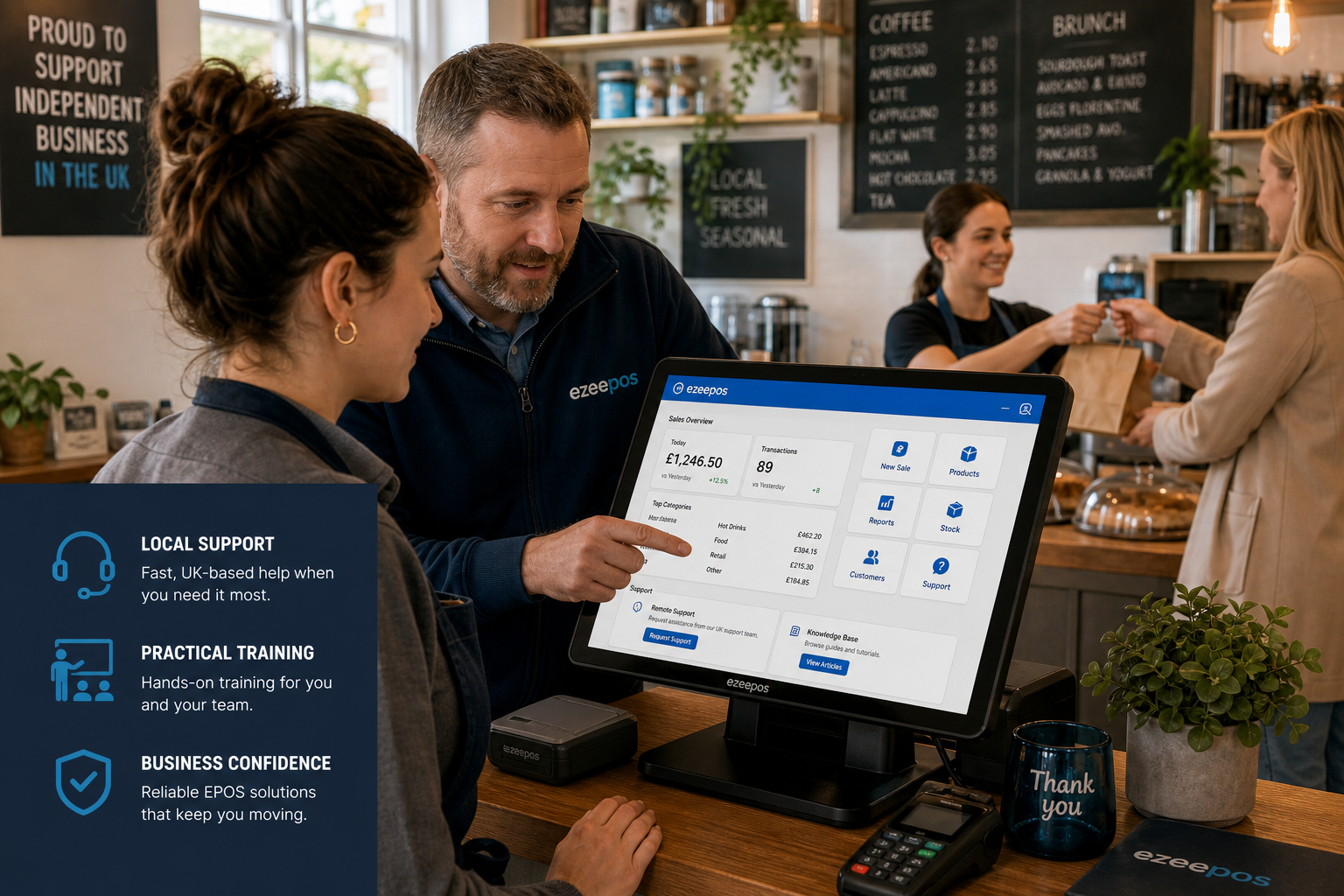 Why Local EPOS Support Still Matters for Independent Retailers and Hospitality Businesses, photorealistic commercial photography in a warm modern UK café or independent shop setting, a friendly EPOS specialist showing a staff member a touchscreen till with a clean blue-accent interface, the screen visible with simple sales and support dashboard elements, a customer in the background being served at the counter, subtle ezeepos-style branding colours in the interface and uniforms, realistic cash counter with tidy setup, natural window light, shallow depth of field, premium but believable composition, professional blog hero image for a UK EPOS website, focus on practical support, training and day-to-day business confidence