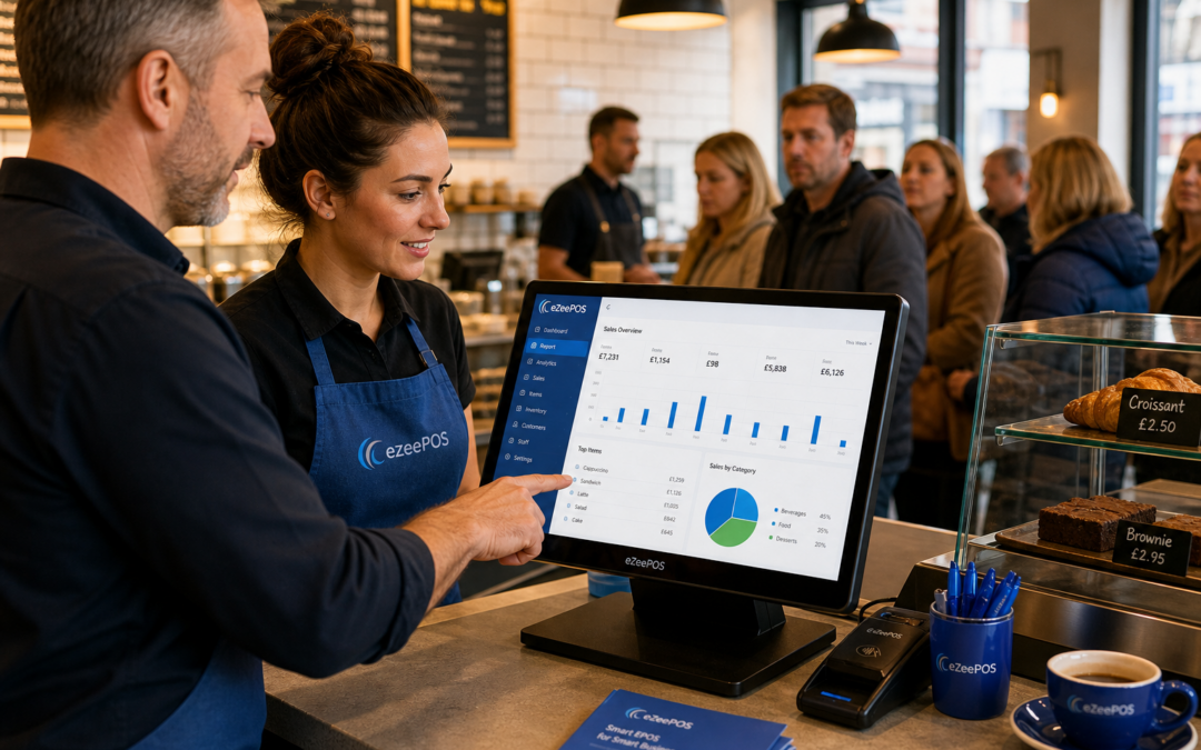 How EPOS Reporting Helps Food Businesses Prepare for Busier Trading Periods, photorealistic commercial photography style featuring a warm, modern UK café or restaurant counter during a busy service period, with a business owner and front-of-house staff reviewing sales and trading charts on an eZeePOS-style touchscreen POS terminal or tablet, subtle blue brand accents visible on the screen interface and small details around the counter, clean and organised workstation, customer queue in the softly blurred background, natural lighting, shallow depth of field, premium but realistic composition, friendly and professional atmosphere, technology clearly the focus, suitable as a WordPress featured image for a UK EPOS blog, realistic marketing-style hero image