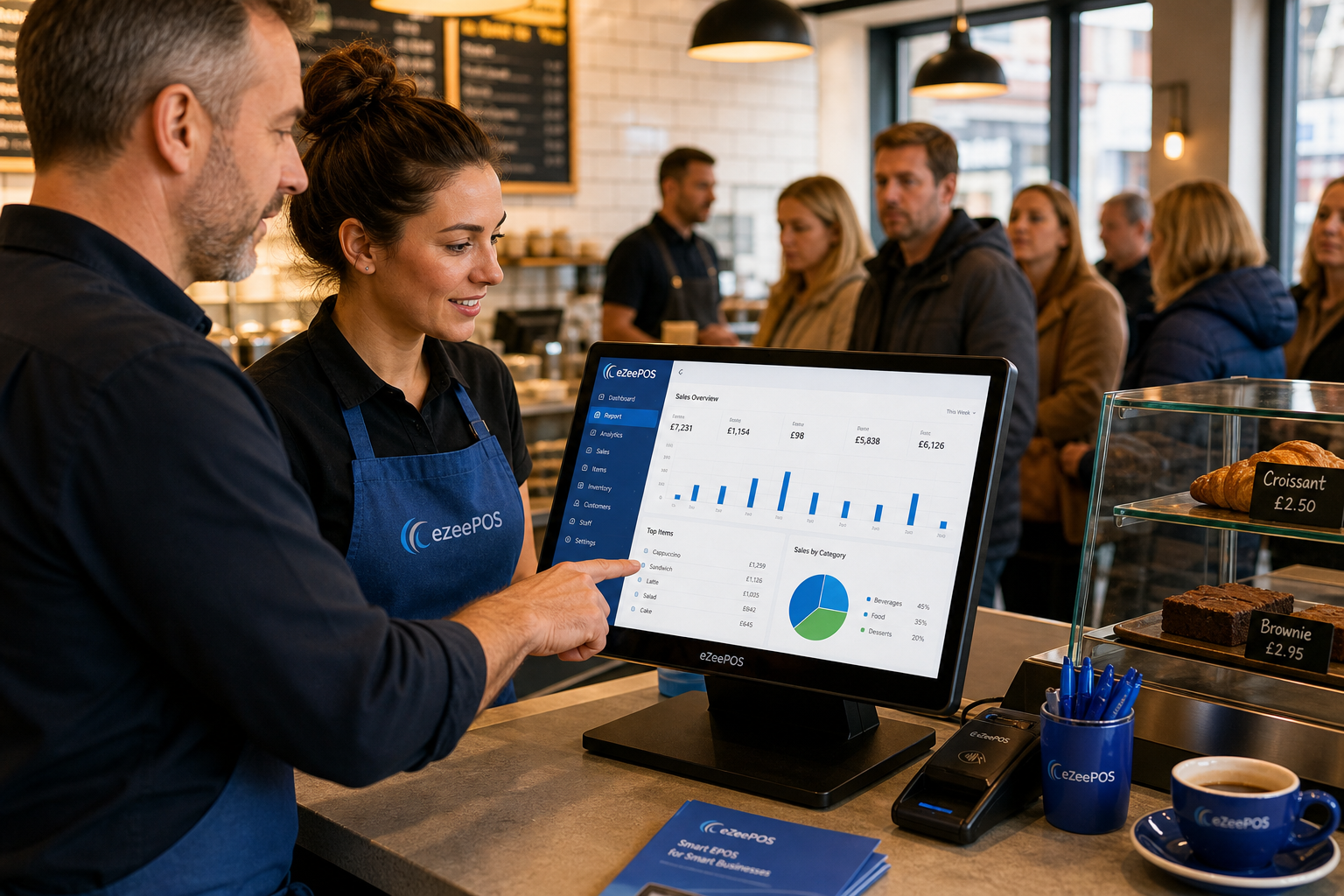 How EPOS Reporting Helps Food Businesses Prepare for Busier Trading Periods, photorealistic commercial photography style featuring a warm, modern UK café or restaurant counter during a busy service period, with a business owner and front-of-house staff reviewing sales and trading charts on an eZeePOS-style touchscreen POS terminal or tablet, subtle blue brand accents visible on the screen interface and small details around the counter, clean and organised workstation, customer queue in the softly blurred background, natural lighting, shallow depth of field, premium but realistic composition, friendly and professional atmosphere, technology clearly the focus, suitable as a WordPress featured image for a UK EPOS blog, realistic marketing-style hero image