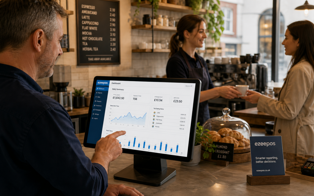 How Better Reporting Helps Small Businesses Make Smarter Decisions, a photorealistic commercial photography style image of a warm modern UK café counter with a business owner reviewing sales charts and daily performance on a clean touchscreen EPOS terminal while a staff member serves a customer in the background, subtle blue brand accents on the screen interface and small signage, clear reporting dashboard with simple graphs and peak-time data visible but realistic, premium yet approachable atmosphere, natural lighting, shallow depth of field, tidy counter area, professional hospitality setting that feels like a custom featured image for an ezeepos blog post about using EPOS reporting to make better business decisions, no gimmicks, no exaggerated futuristic tech, focus on practical insight and day-to-day trading.