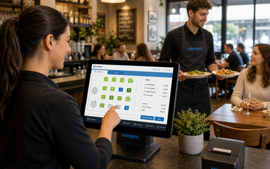 How Table Service EPOS Helps Busy Restaurants Stay Organised: Photorealistic commercial photography style image of a busy modern UK restaurant during service, with a friendly front-of-house staff member using a touchscreen EPOS terminal to manage table orders while another team member brings dishes to the dining room, a clear digital table layout and order screen visible on the terminal with subtle blue brand accents, clean counter area, warm natural lighting, shallow depth of field, premium but realistic composition, an attentive customer at a nearby table, the technology clearly central to the scene, professional hospitality environment, suitable as a WordPress featured image for ezeepos.