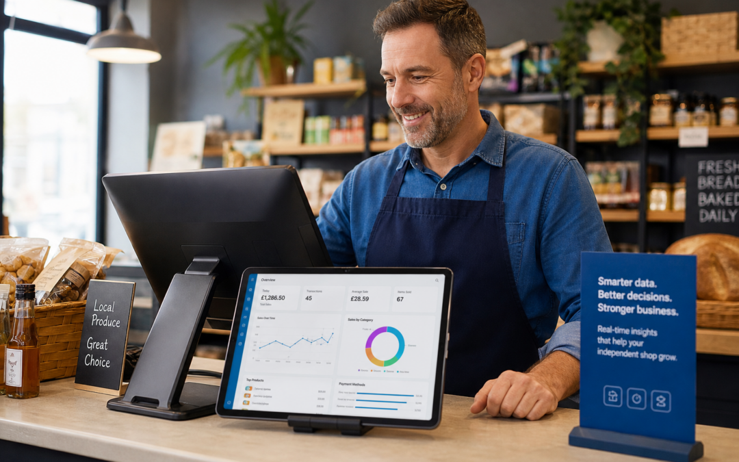 How EPOS Reporting Helps Independent Shops Make Smarter Decisions, photorealistic commercial photography style showing a modern independent UK retail shop counter with a touchscreen EPOS terminal and nearby tablet displaying clear sales dashboard charts, a shop owner reviewing daily performance data while serving area products are neatly displayed in the background, warm natural lighting, shallow depth of field, clean counter area, subtle blue brand accents on the screen interface and small signage, professional realistic composition for a WordPress featured image, friendly and confident business atmosphere, premium but authentic UK retail environment, technology as the focus, no clutter, no abstract background, no illustration style, no fake logos