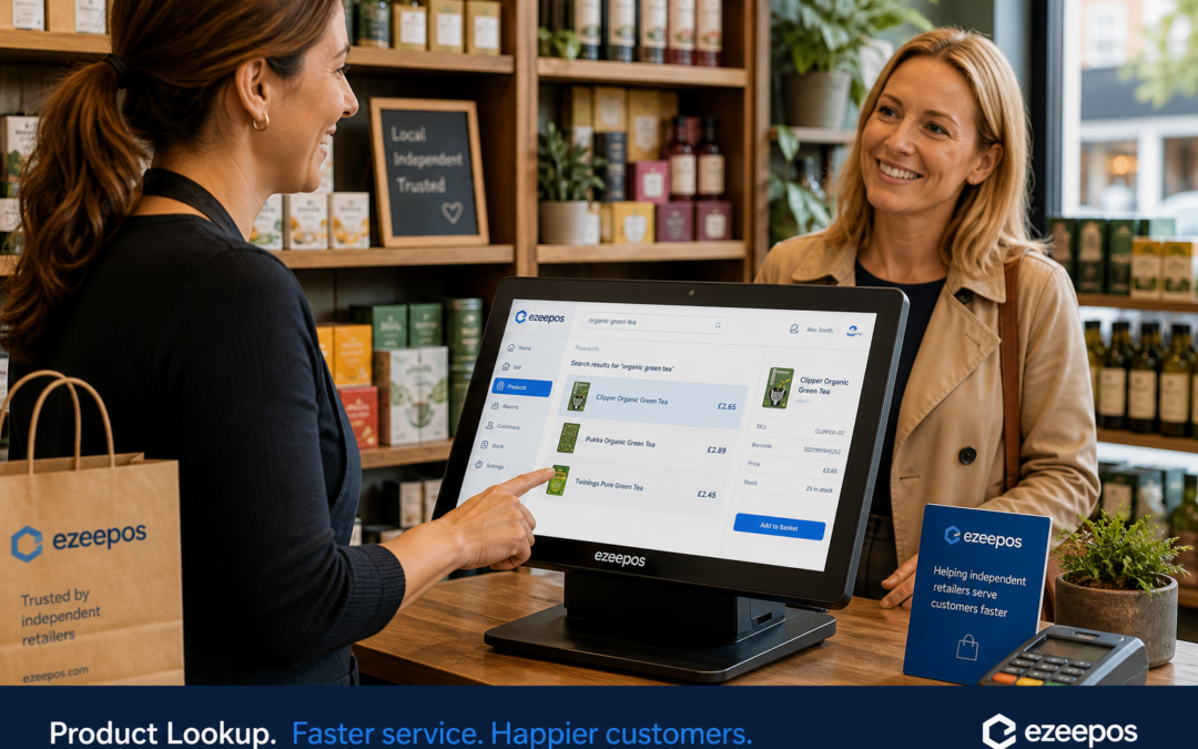 How Product Lookup Helps Independent Retailers Serve Customers Faster, photorealistic commercial photography style featuring a warm, modern UK independent retail shop counter with a touchscreen EPOS terminal prominently showing a product search screen, a staff member helping a customer while quickly locating an item in the till system, neatly arranged shop products in the background, subtle blue brand accents on the interface and small signage, clean counter area, natural lighting, shallow depth of field, premium but realistic composition, friendly service atmosphere, technology clearly the focus, professional blog hero image for ezeepos, suitable for a WordPress featured image