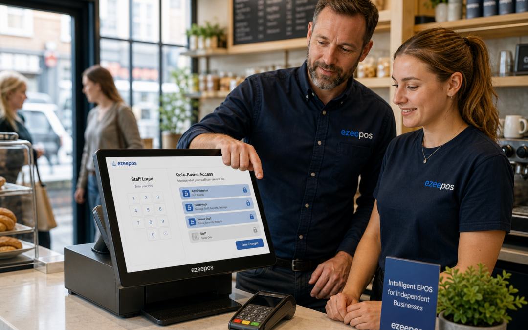 How Staff Permissions in EPOS Help Independent Businesses Stay in Control - Photorealistic commercial photography style image of a modern UK café or independent retail shop counter with a touchscreen EPOS terminal in the foreground showing a staff login and role-based access screen, a supervisor beside a team member being shown how permissions work, and a calm, professional atmosphere during a busy trading day; subtle blue brand accents on the screen interface and small details around the counter, clean counter area, natural lighting, shallow depth of field, premium but realistic composition, the till and software clearly as the focus, friendly staff interaction, warm modern UK business environment, suitable as a WordPress featured image for ezeepos.