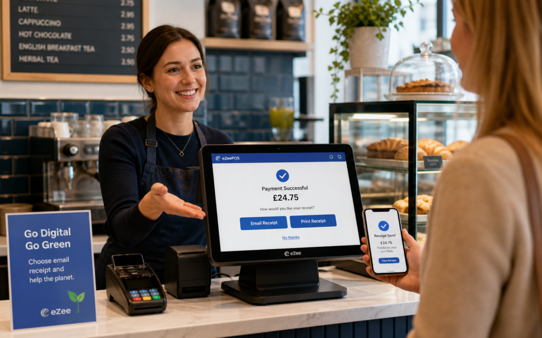 Digital Receipts for Retail and Hospitality: A Practical Guide for UK Businesses - Photorealistic commercial photography style featuring a modern UK café or independent retail counter with a sleek eZeePOS-style touchscreen till prominently showing a digital receipt confirmation on-screen, a friendly staff member offering a customer the choice of email or paper receipt, and a smartphone displaying a clean receipt message in the customer’s hand. Warm natural lighting, shallow depth of field, premium but realistic composition, clean counter area, subtle blue brand accents on the interface and small signage, professional UK business environment, realistic till workflow, modern hospitality or retail setting, focus on the technology and customer interaction as a custom blog hero image for a WordPress featured image.
