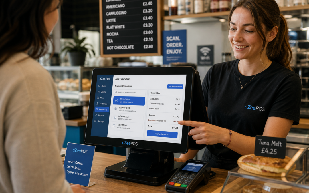 Promotions and Discounts in EPOS: A Smarter Way to Manage Offers at the Till. A realistic photorealistic commercial photography style image inside a modern UK retail or hospitality business, showing a friendly staff member using a clean eZeePOS-style touchscreen till to apply a promotion or discount for a customer at the counter, with a clear but subtle on-screen offer interface, a card payment terminal nearby, and a tidy counter with branded blue accent details in the screen design and small signage. The scene should feel warm, professional and busy but organised, with natural lighting, shallow depth of field and a premium realistic composition suitable for a WordPress featured image. The technology should be the focus, with the till screen and checkout interaction clearly visible, while the background softly shows a contemporary café, shop or takeaway environment with a few products or menu items, reinforcing how EPOS helps staff manage offers accurately and confidently during everyday trading.