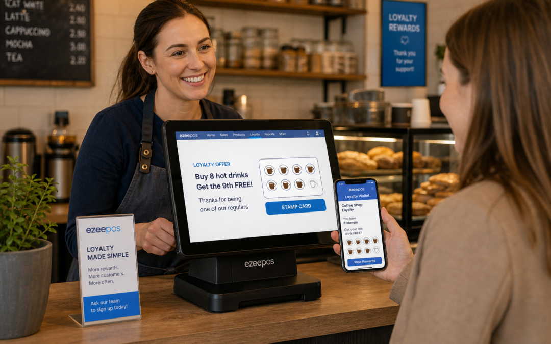 Customer Loyalty Ideas for Independent UK Shops, Cafes and Takeaways, a realistic photorealistic commercial photography scene inside a warm modern UK cafe and small shop counter area with a friendly staff member serving a regular customer while showing a simple loyalty offer on a clear ezeepos-style POS terminal screen and a customer holding a smartphone with a digital loyalty wallet, stamps or rewards points visible, subtle blue brand accents on the interface and small signage, clean counter, natural daylight, shallow depth of field, premium but realistic composition, professional website hero image style for ezeepos, technology as the clear focus, inviting and trustworthy mood, suitable for a WordPress featured image