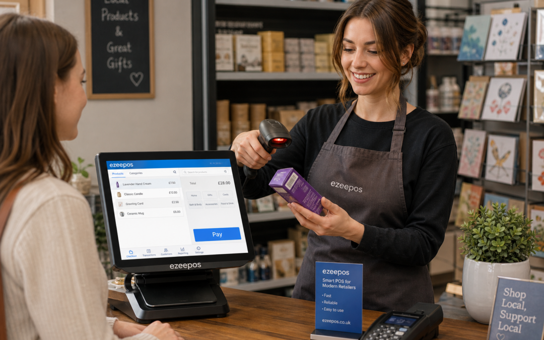 Barcode Scanning for Faster Retail Checkouts: Why It Still Matters, photorealistic commercial photography style hero image for a UK retail blog, warm modern independent shop counter with a professional touchscreen EPOS till and a handheld barcode scanner actively being used by a friendly staff member serving a customer, product shelves softly blurred in the background, clean counter area, subtle blue brand accents visible on the POS screen interface and small signage, realistic checkout moment showing fast accurate scanning and a tidy retail workflow, natural lighting, shallow depth of field, premium but realistic composition, modern UK convenience or gift shop setting, technology clearly the focus, suitable as a WordPress featured image for ezeepos