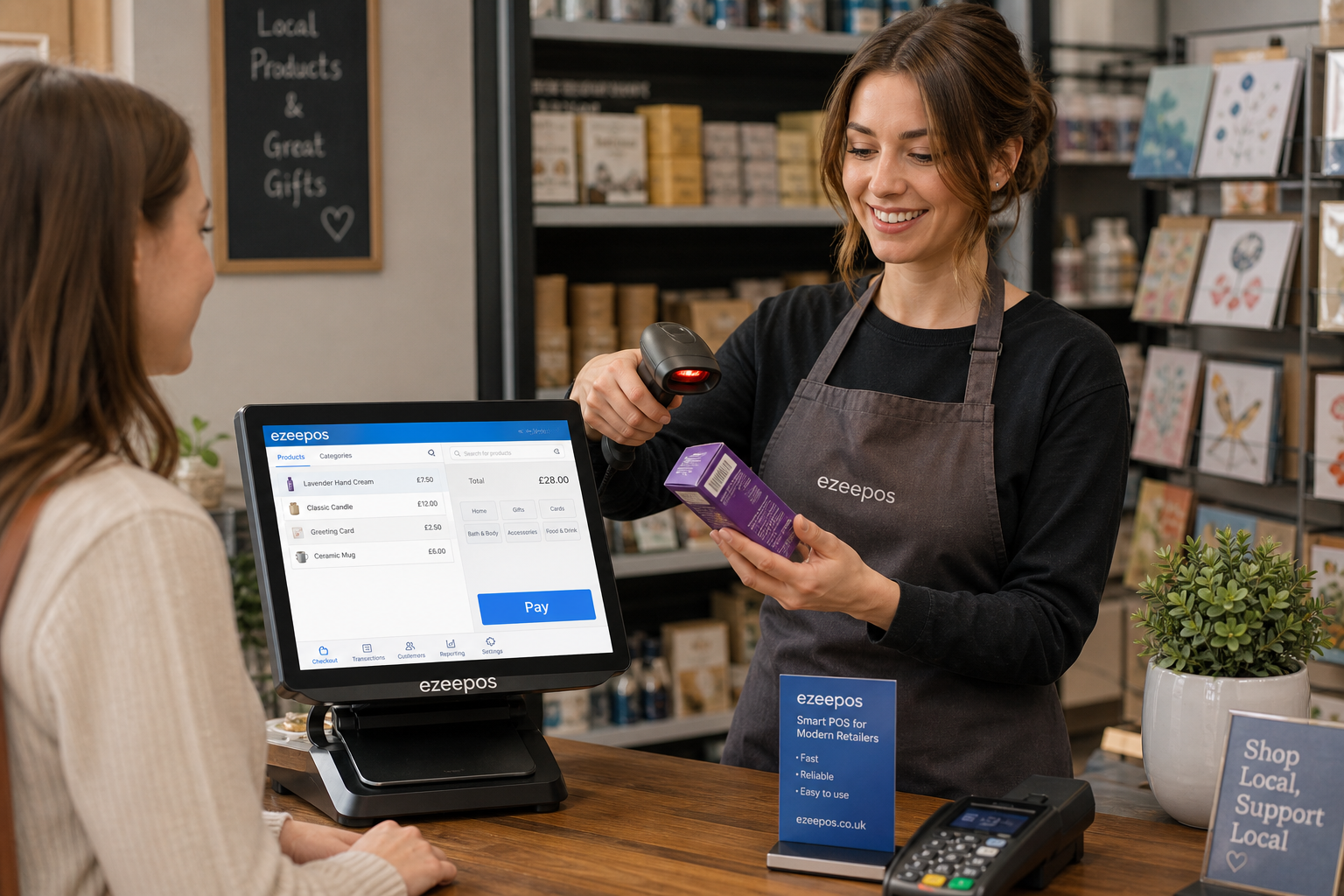Barcode Scanning for Faster Retail Checkouts: Why It Still Matters, photorealistic commercial photography style hero image for a UK retail blog, warm modern independent shop counter with a professional touchscreen EPOS till and a handheld barcode scanner actively being used by a friendly staff member serving a customer, product shelves softly blurred in the background, clean counter area, subtle blue brand accents visible on the POS screen interface and small signage, realistic checkout moment showing fast accurate scanning and a tidy retail workflow, natural lighting, shallow depth of field, premium but realistic composition, modern UK convenience or gift shop setting, technology clearly the focus, suitable as a WordPress featured image for ezeepos