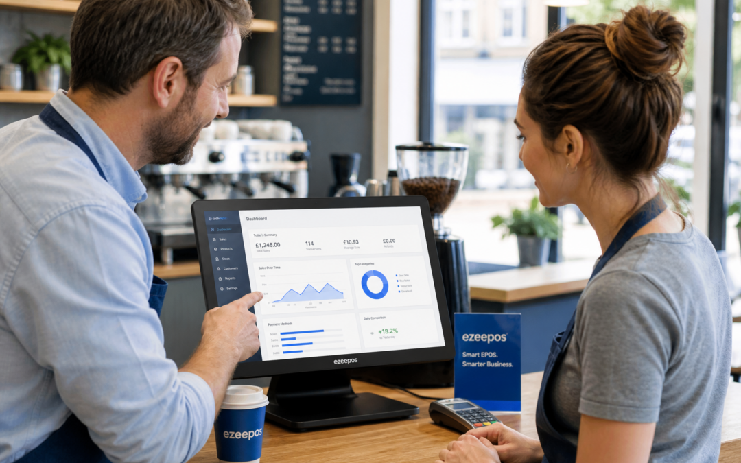 How Better Reporting Helps Small Businesses Make Smarter Decisions, a photorealistic commercial photography style hero image set inside a warm, modern UK cafe or independent shop, with a business owner and a staff member looking at a touchscreen EPOS terminal showing clear sales charts, daily performance summaries and simple dashboard graphs in subtle blue brand accents, clean counter area, natural daylight, shallow depth of field, premium but realistic composition, friendly professional atmosphere, the POS screen and reporting data as the clear focus, realistic till area with smart counter setup, cups or signage with subtle blue details, designed as a WordPress featured image for ezeepos, no clutter, no abstract tech background, no cartoon style, no unreadable signage