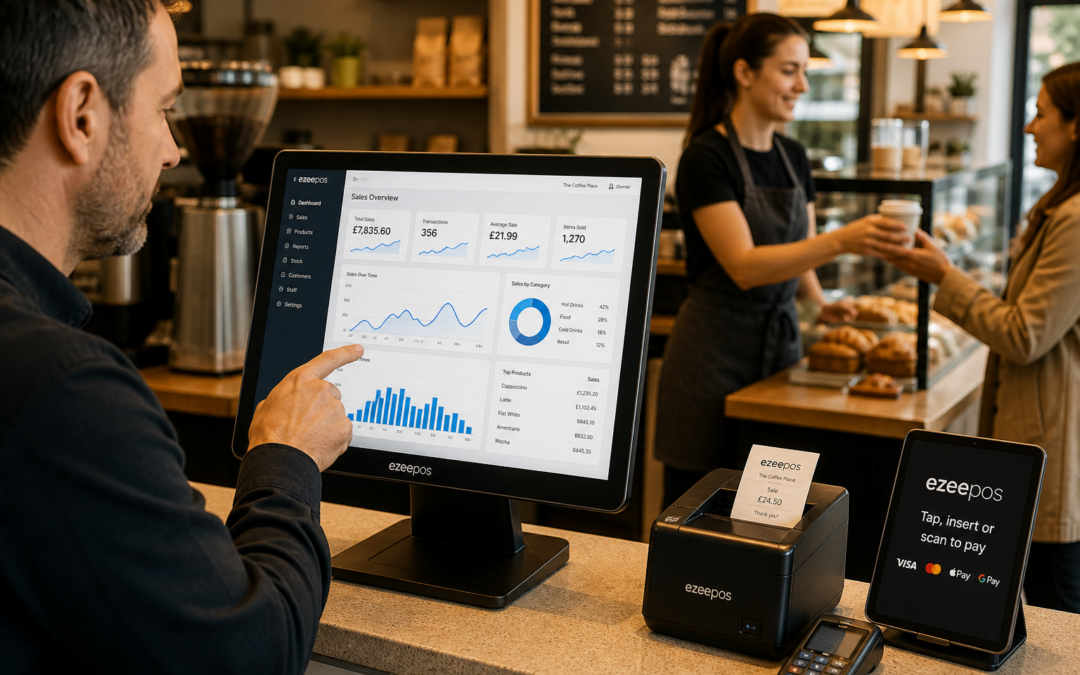 How Better Reporting Helps Independent Retailers and Hospitality Businesses Make Smarter Decisions, a photorealistic commercial photography style image of a modern UK independent cafe counter where a business owner is reviewing EPOS sales reports on a touchscreen POS terminal while a staff member serves customers in the background, the screen clearly showing clean dashboard charts, sales trends and busy-time graphs in subtle blue accents, with a tablet and receipt printer nearby, warm natural lighting, shallow depth of field, premium realistic composition, tidy counter area, friendly professional atmosphere, designed as a WordPress featured image for ezeepos that visually communicates practical reporting insights for retail and hospitality businesses, with the technology as the clear focal point and no unwanted scenery or abstract background